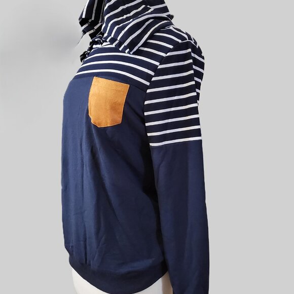 Pat Pat Blue and white Knit Sleeve Hoodie Pullover V Neck Sweatshirt Women S - Picture 3 of 6